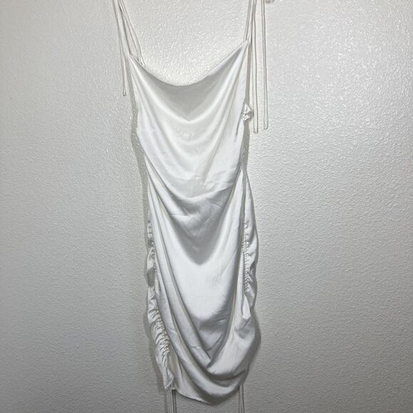 LEAU Dress Womens Small White Satin Cowl Neck Ruched Drawstring Slip Tie Straps - Picture 3 of 16